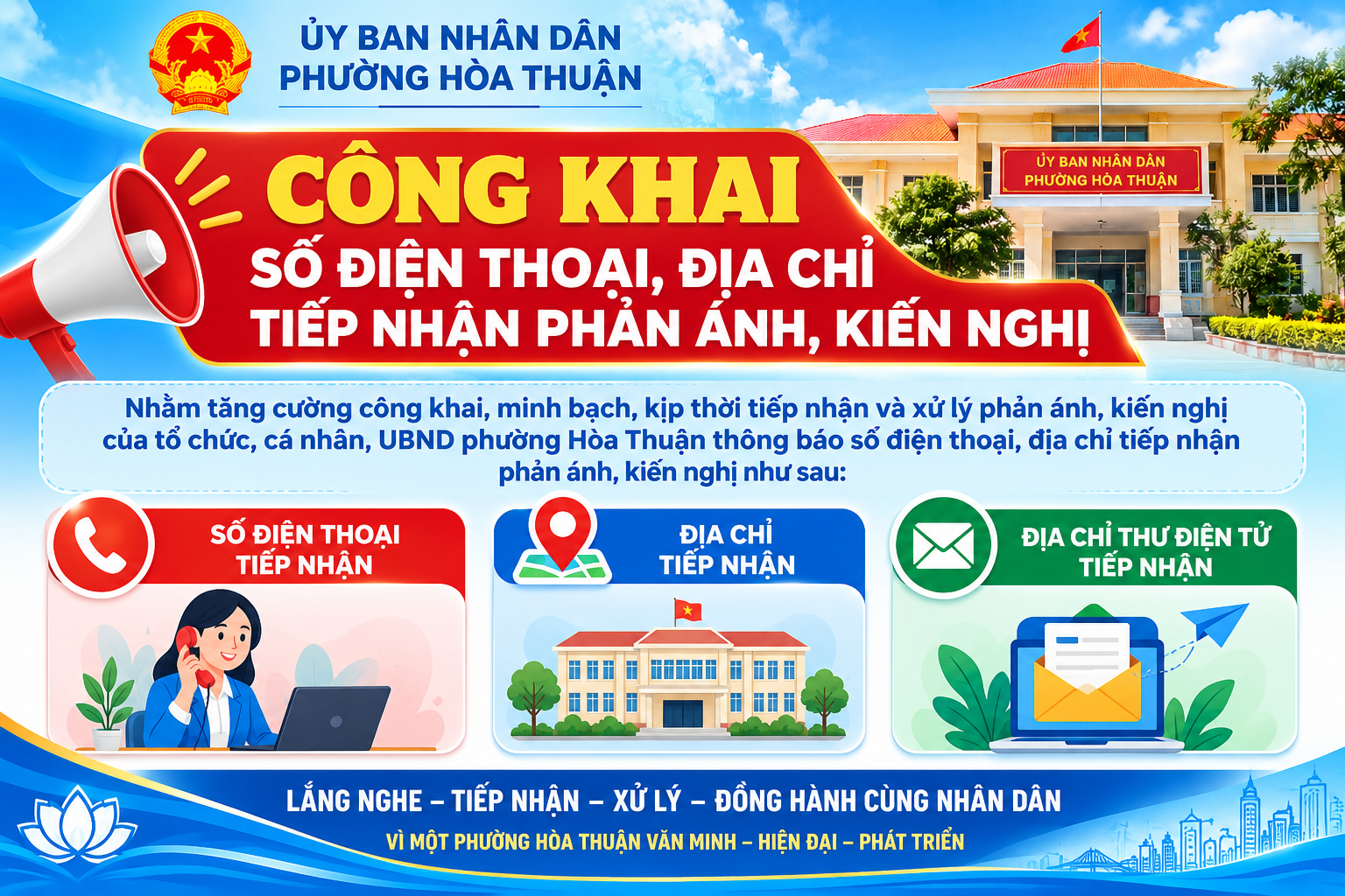 UBND phường Hòa Thuận công khai số điện thoại, địa chỉ tiếp nhận phản ánh, kiến nghị