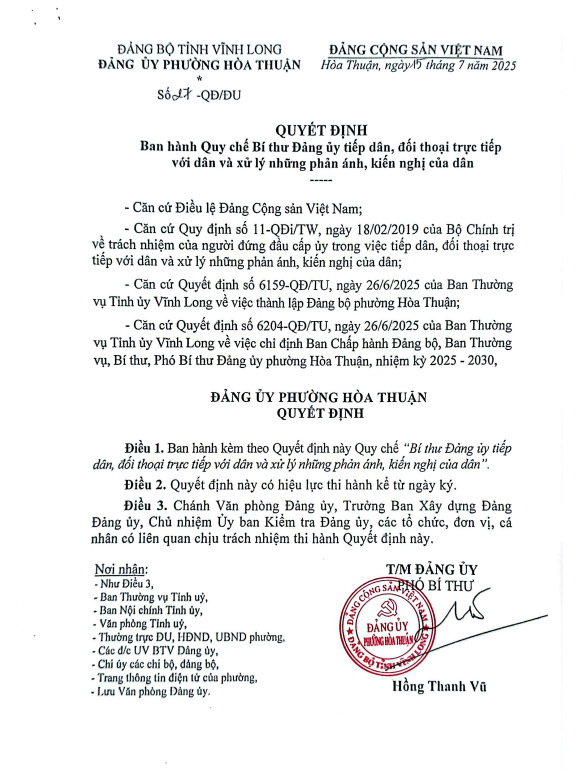 Quyết định ban hành Quy chế Bí thư Đảng ủy tiếp dân, đối thoại trực tiếp với dân và xử lý những phản ánh, kiến nghị của dân